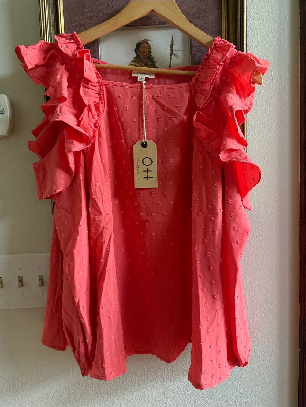 Ott Ruffled Coral Sleeveless Blouse with Cold Shoulder